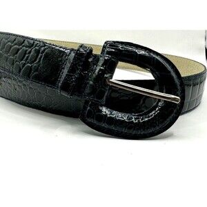 Vintage 80s Blue Teal Green M L Crocodile Embossed Leather belt Womens Retro